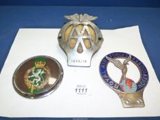 Three car badges including; Royal Air Forces Association, Women's Royal Army Corps and AA.