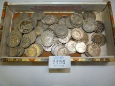 A tray of coins, half crowns, shillings, sixpences, florins, etc.