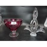 A ruby Crystal glass clear footed bowl with internal raised ribs,