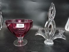A ruby Crystal glass clear footed bowl with internal raised ribs,