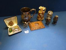 A small quantity of miscellanea including Tunbridgeware Inkstand, pair of Owl pepper pots,