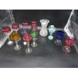 A quantity of coloured hock glasses including Waterford, etc.