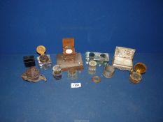 A quantity of glass Inkwells to include square inkwell with brass lid, brass inkwell in leather pot,