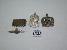 Two Silver A.R.P and R.A.F badges, silver Mizpah brooch (a/f) and a 1977 silver Jubilee pendant.