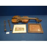 A small Violin (a/f), two carved tribal figures, small engraving, etc.