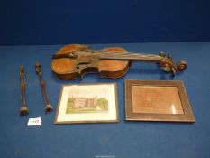 A small Violin (a/f), two carved tribal figures, small engraving, etc.