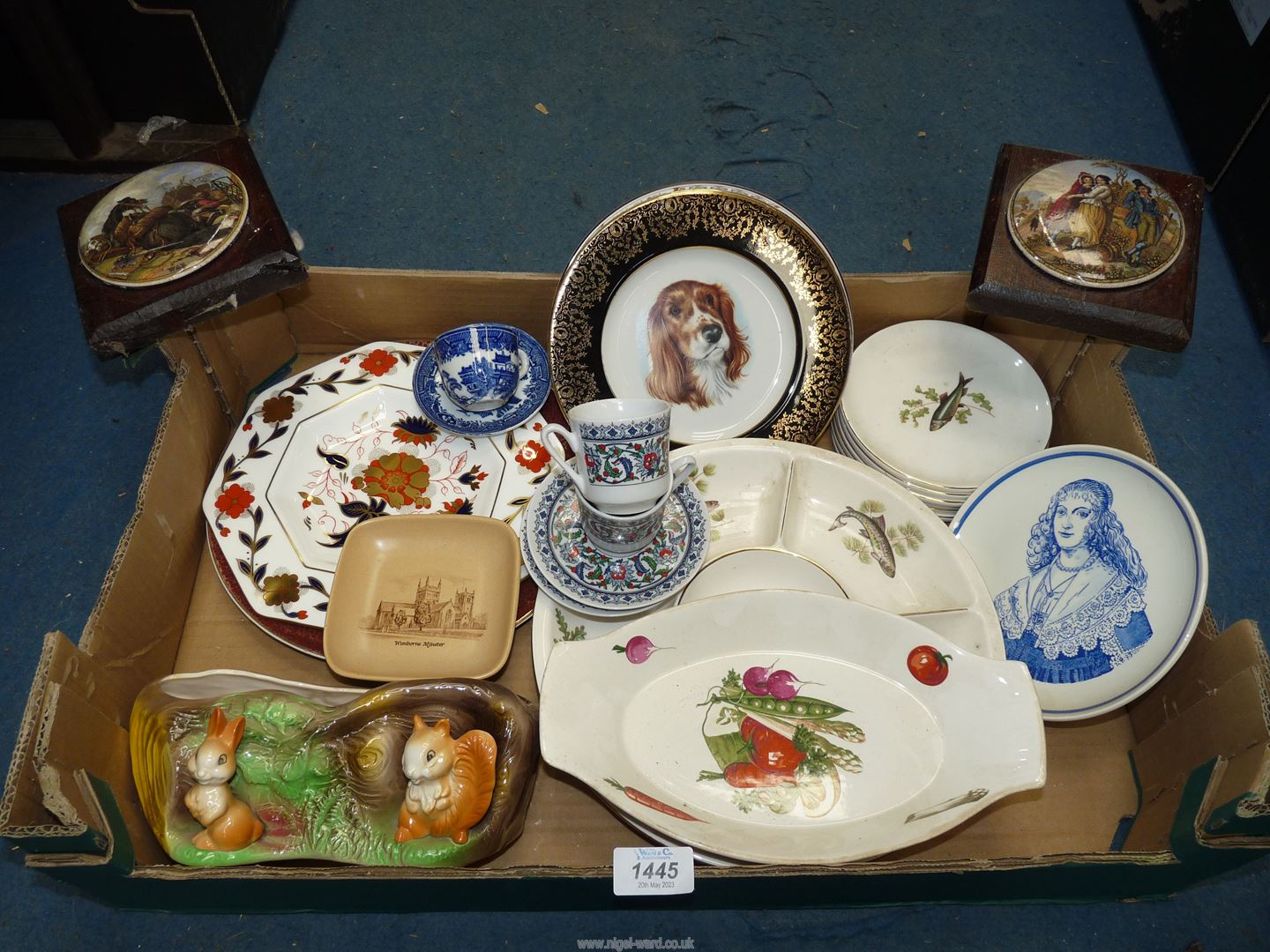 A quantity of china including pot lids, Flint (Norwegian) fish service, Wedgwood Kutani Crane plate,