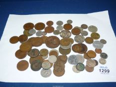 Miscellaneous foreign coins, old pennies, half pennies, sixpences, three pence pieces,