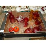 A quantity of glass including cranberry bowl, fruit bowl, vase, decanter stoppers etc.