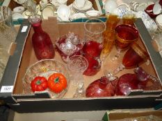 A quantity of glass including cranberry bowl, fruit bowl, vase, decanter stoppers etc.