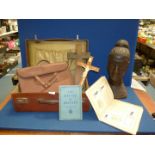 A quantity of miscellanea including wooden carved bust of a woman, lether music case, crucifix,