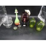 A small quantity of glass including; pink and green Matarfa decanter,