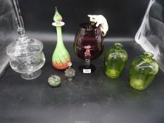 A small quantity of glass including; pink and green Matarfa decanter,