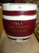 A large ceramic 'Mendoza Sherry' barrel with lid. Large crack to base. 12" tall.