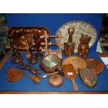 A box of miscellaneous treen including candlesticks, plaques, trays, dog and barometer, etc.