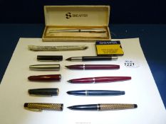 A quantity of Pens including three Parker, three Sheaffer ( one boxed), Sheaffer cartridge, etc.