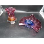 A heavy glass cranberry to amber bubble vase and a cranberry to blue heavy leaf shape dish.