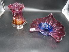 A heavy glass cranberry to amber bubble vase and a cranberry to blue heavy leaf shape dish.