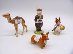 Four Beswick animals to include; baby Camel (front legs a/f), a Corgi (chip to ear),
