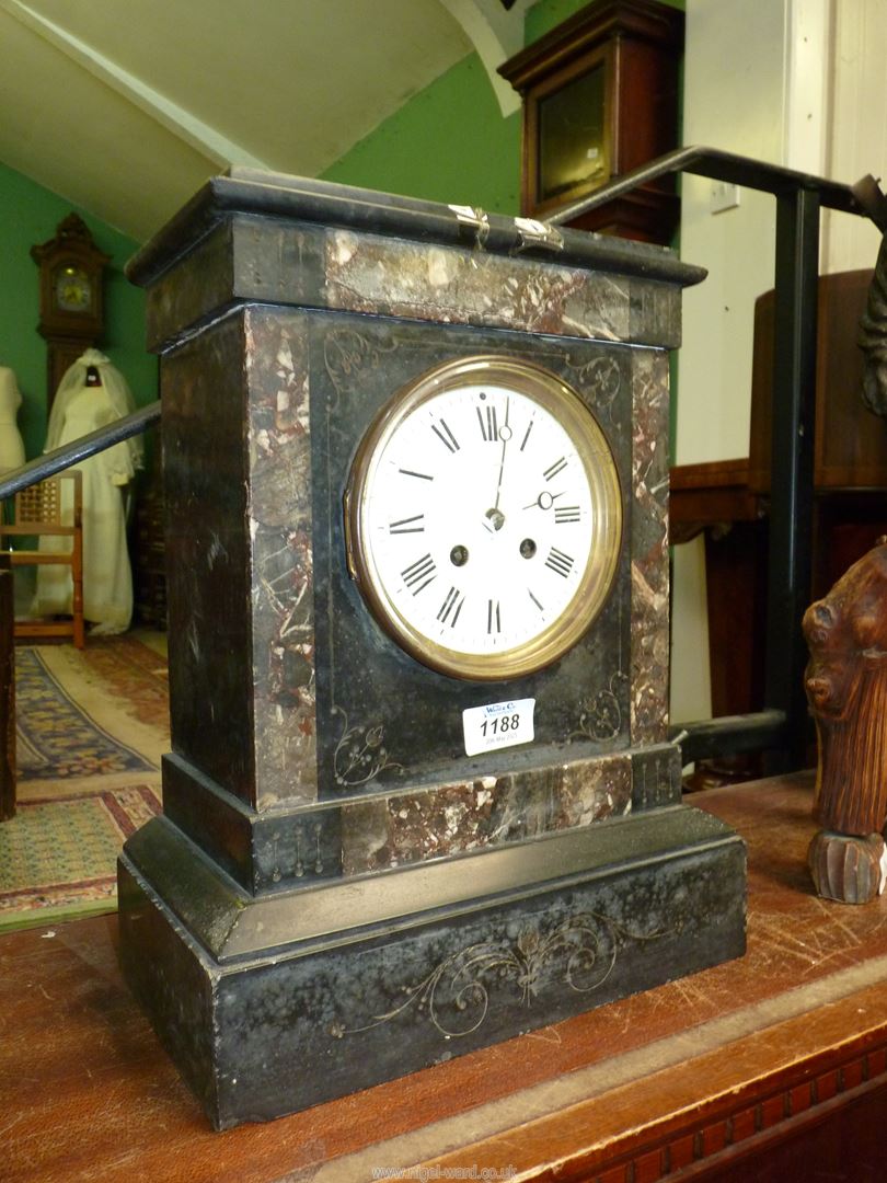 A 1909 Marble Mantle clock having Roman numerals, 14 1/4'' high x 11'' wide x 6 1/4'' deep, - Image 2 of 3