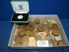 A quantity of English and foreign coins including pennies, half rupee,