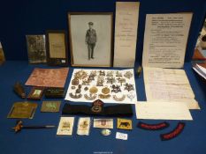 A quantity of Military buttons, badges (mostly Herefordshire), Great War medals, ration tin,