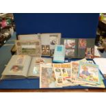 Two scrapbooks and a postcard album of historical Art works and a small quantity of comics