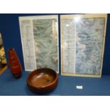 Two contemporary glazed Maps of Monmouth and Brecon Canal along with a wooden bowl and vase.