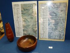 Two contemporary glazed Maps of Monmouth and Brecon Canal along with a wooden bowl and vase.