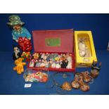 A quantity of old toys including; Pelham puppet foal, musical clown, Rubix cube,