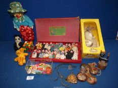 A quantity of old toys including; Pelham puppet foal, musical clown, Rubix cube,