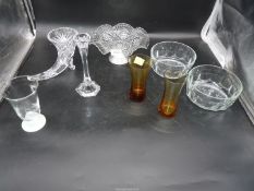 A quantity of glass to include; Horn of Plenty vase, candlestick, amber tumblers, bon bon dish, etc.