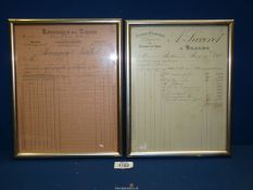 Two framed French Bills from 1902 and 1908.