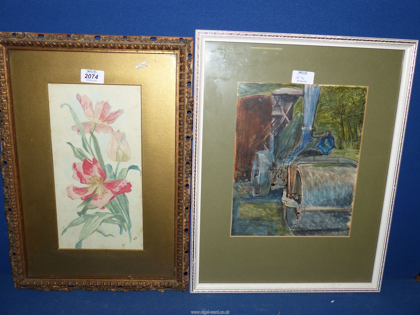 Two Watercolours 'Victorian Tulips' initialled DF and the other 'Steamroller' with no visible