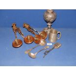 A Walker & Hall lamp base with ornate decoration, a Pewter tankard,