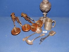 A Walker & Hall lamp base with ornate decoration, a Pewter tankard,