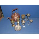A Copper kettle with brass finial, brass goblets and vases, plated epergne, etc.