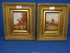 A pair of heavy framed Oil on board depicting hunting scenes, both signed 'Benson'.