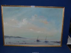 A framed Oil on board of a seascape with moored sailing boats, 30 3/4" x 21".