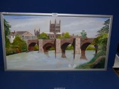 A framed Oil on board depicting Hereford Cathedral and old bridge, signed lower right F.