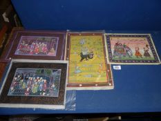 Four paintings on fabric depicting various Indian scenes, all unframed.