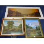 Two Oil paintings; V. Thomas and one other plus a large Print with inscription.