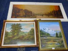 Two Oil paintings; V. Thomas and one other plus a large Print with inscription.