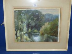 A framed and mounted Watercolour titled verso "Bend in the River at Bedford" by Ethel May Smith,