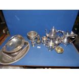 A quantity of plated items including; rose bowl, three piece tea set, sugar sifters, etc.