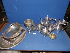 A quantity of plated items including; rose bowl, three piece tea set, sugar sifters, etc.