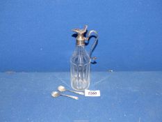 A Georgian Silver mounted glass vinegar bottle with pontil mark and two shell salt spoons,