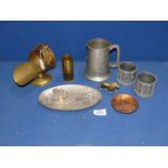 A quantity of brass and metals including Trench Art mini coal scuttle, heavy drum pots,