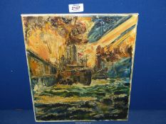 A small Oil on canvas showing HMS Vindictive 1918 under heavy bombardment in the harbour,