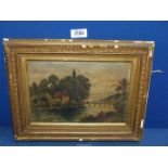 A 19th century gilt framed Oil on canvas of a man fishing near a bridge, signed Walters.